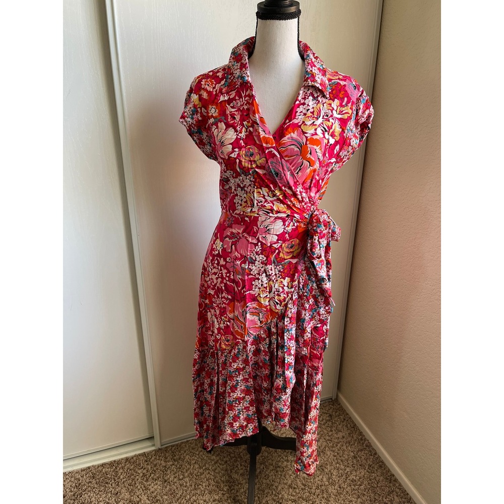 Beautiful Women's M Floral Wrap Midi Dress Pink Red Collared Tie Waist Ruffle